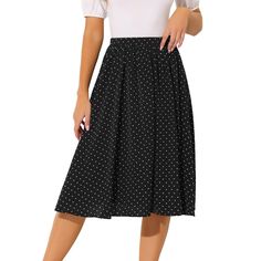 Allover heart-polka-dot prints add a vintage style to this flattering midi skirt designed to fall in an a-line shape to a shin-skimming hem. Tuck a blouse into the elastic waistband, and add a pair of sandals to complete a look brimming with ladylike charm. Please check your measurements to make sure the item fits before ordering. Target Skirt, 1940s Looks, Midi Skirt Casual, Polka Dot Midi Skirt, Midi Skirt Black, Dot Skirt, Sleeveless Dress Summer, Date Dinner, Black Midi Skirt