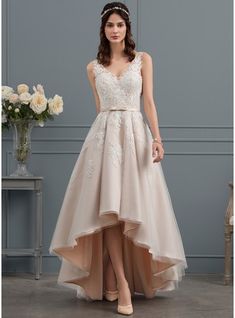 a - line / princess v - neck asymmetrical tulle wedding dress