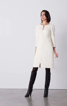 Buy Cream Zip-Front, Italian-Crêpe Dress online - Carlisle Collection Luxury Cream Long Sleeve Midi Dress, Cream Fitted Long Sleeve Sweater Dress, Fitted V-neck Sweater Dress In Cream, Elegant Cream V-neck Sweater Dress, White Stretch V-neck Sweater Dress, White Sheath Dress, New Status, Dress Gloves, Jacquard Dress