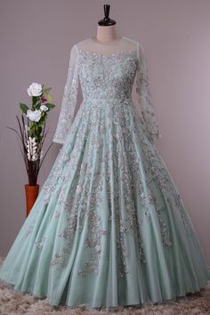 Net Engagement Gown, Engagement Gowns Elegant Indian, Net Gowns Indian Party Wear, Long Gown Dress Party Wear Net, Fancy Gowns Indian, Evening Gowns Indian Party Wear, Party Gowns Indian Weddings, Net Evening Gown