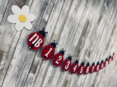 red and black numbers are hanging on a wooden fence with a daisy in the background