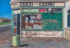 a drawing of a news stand on the side of a road with no one in it