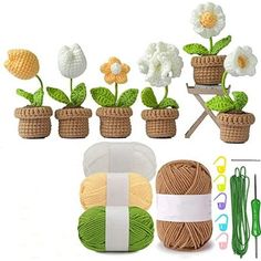 crochet kit with flowers in pots and yarns on the table next to it