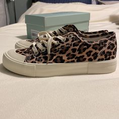 New In Box, Never Worn, Cheetah Print Sneakers. Trendy Leopard Print Lace-up Sneakers, Casual Low-top Leopard Print Sneakers, Casual Leopard Print Lace-up Sneakers, Trendy Brown Sneakers With Speckled Midsole, Cheetah Print Sneakers, Cheetah Sneakers, Black Slip On Sneakers, Converse Style, Loafer Sneakers