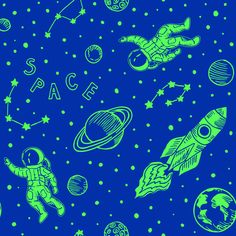 an image of the outer space with stars and planets on blue background, seamless