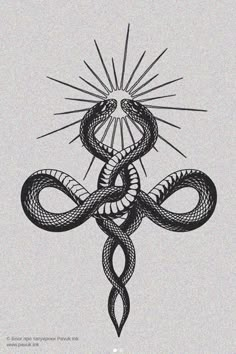 a cross with snakes on it and the sun shining over it, in black ink