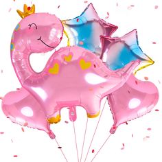 pink dinosaur balloon bouquet with heart shaped balloons