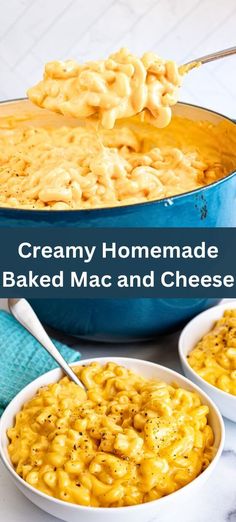 creamy homemade baked macaroni and cheese in a blue pan