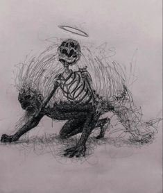 a black and white drawing of a skeleton kneeling down