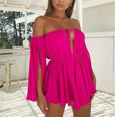 Short, off the shoulder flowy dress. Wear neckline two ways. Material: Polyester Hot Pink Dress Outfit Casual, Pink Dress Outfit Casual, Hot Pink Dress Outfit, Pink Dress Outfit, Tie Up Dress, Hot Pink Dress, Flowy Mini Dress, Club Party Dresses, Sweet Dress