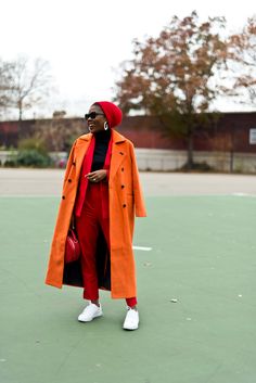 Orange And Red Outfit Color Combos, Orange Trench Coat Outfit, Orange Style Outfit, Orange And Red Outfit, Red Orange Outfit, All Orange Outfit, Orange Fashion Outfits, Orange Coat Outfit, Red And Orange Outfit