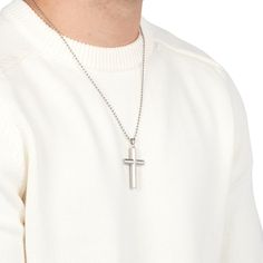 Shop the simple steel cross necklace he'll love wearing on the daily. This men's cross pendant makes a perfect gift for him on that memorable day. Roman Fonts, Stainless Steel Cross Pendant, Family Tree Necklace, Steel Cross, Mens Crosses, Perfect Gift For Him, Bead Chain, Stainless Steel Pendant, Brushed Stainless Steel