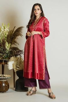 Shop for Maliha by Anar and Anoli Red Chanderi Silk Striped Kurta And Silk Pant Set for Women Online at Aza Fashions Striped Kurta, Anarkali Designs, Red Kurta, Silk Suits, Silk Pant, Indian Gowns, Silk Suit, Embroidered Neckline, Silk Pants