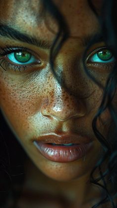 a woman with freckled skin and green eyes