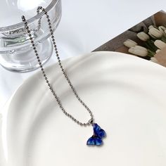 Material: Alloy Style: Simple Blue Metal Beaded Necklace As Gift, Blue Metal Beaded Necklace For Gift, Adjustable Blue Clavicle Chain Necklace, Blue Beaded Clavicle Chain Necklace As Gift, Blue Beaded Clavicle Chain Necklace For Gift, Dark Blue Butterfly, Blue Butterfly, Womens Necklaces, Dark Blue