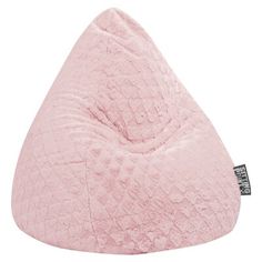 a pink bean bag chair sitting on top of a white floor