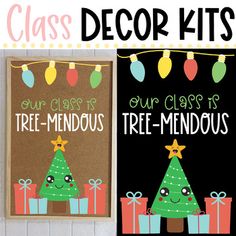 two christmas classroom decor kits are shown