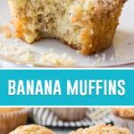 banana muffins are cut in half and stacked on top of each other