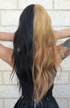 Split Hair Color Ideas For Brunettes, Hair Dyed Half And Half, Half Black Half Light Brown Hair, Half Copper Half Black Hair, Half Black And Half Blonde Hair, Half And Half Hair Color Blonde, Split Hair Color Ideas Black, Long Split Dyed Hair, Half Hair Blonde