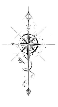 a black and white drawing of a compass with arrows on it's side, as well as an arrow in the middle