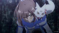 an anime character holding a white cat in her arms and looking at the camera with one eye open