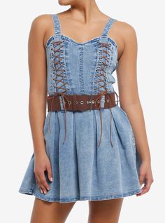 Renaissance meets Y2K with this trendy denim dress! It features contrast brown lace-up details down the bust and a sweetheart neckline  plus a wide brown belt and a slightly flared skirt.69% cotton; 29% polyester; 2% spandexWash cold; dry flatLength: 33"Adjustable strapsRemovable beltImportedListed in junior sizesModel is 5'9"Model wears size Small Belted Denim Dress, Tall Hoodies, Trendy Denim, Plus Size Swim, Plus Size Fits, Brown Belt, Sweet Dress, Sweaters And Jeans, Flared Skirt