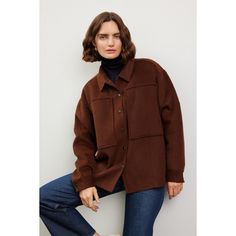 Brown twill (50% Wool, 50% Polyester). Shirt Jacket. Long sleeves. Collar. Front button closure. Imported. Winter Model, Polyester Shirt, Rent The Runway, Jacket Long, Closet Designs, Pocket Detail, Shirt Jacket, Long Sleeves, Plaid