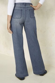 A fresh wide-leg silhouette offers a relaxed yet, sophisticated look for a flattering finish. | Women's Lightweight Denim Trouser - Cloud Wash - 6 Sophisticated Look, Denim Trousers, Full Figured, Wide Leg Denim, Petite Size, Wide Leg Trousers, Fashion Pants, Wide Leg, Trousers