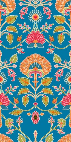 a blue and orange floral pattern with leaves, flowers and dots on the bottom half of it