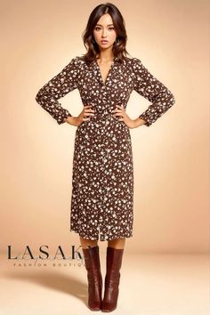 Lasaky - Floral Print Long Sleeve Button Up French Shirt Midi Dress French Style Dresses, Effortless Chic Outfits, French Dresses, Shirt Midi Dress, Vintage Shirt Dress, Dresses To Wear, Midi Shirt Dress, Mid Length Dresses, Printed Midi Dress