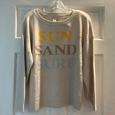 Cream Colored Women's Beach Sweater. Casual Spring Tops For Weekend Getaway, Crew Neck Top For Beach Season, Crew Neck Top For Warm Weather And Beach Season, Crew Neck Tops For Beach Season Warm Weather, Casual Tops For Resort Season Day Out, Beach Sweater, Sand Surfing, Woman Beach, Colorful Sweaters