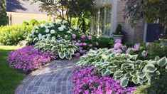 some purple and white flowers in front of a brick walkway with stone pavers around it