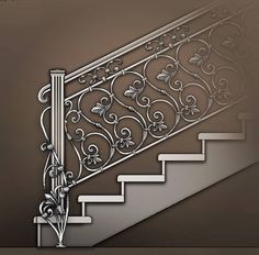 an image of a stair case with wrought iron railings on the bottom and sides