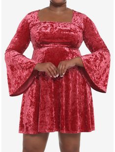 Red Crushed Velvet Bell Sleeve Mini Dress Plus Size Mini Dress Plus Size, Girls Velvet Dress, Bell Sleeve Mini Dress, Plus Size Clothing Stores, Hot Topic Dresses, Bell Sleeve Dress, Sweaters And Jeans, Arm Sleeve, Dress Plus Size