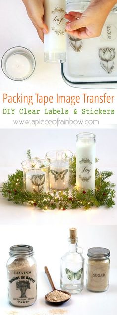 some jars and candles are sitting on a table with the words packing tape image transferer