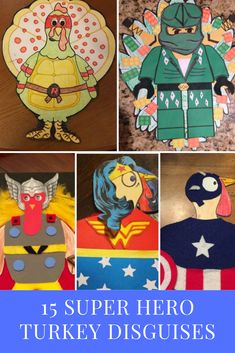 some paper cut outs that have turkeys on them and the words, 15 super hero turkey