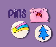 there are three different types of pins on this purple background with the words pin's