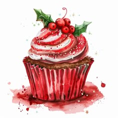 a watercolor painting of a cupcake with red icing and holly on top