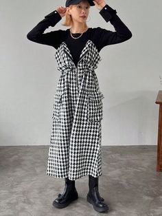 Women's Summer Houndstooth Zipper Half-Placket Cargo Pocket Maxi Dungaree Dress Black and White Casual  Sleeveless Fabric Colorblock,Gingham,Plaid,Plain Cami Non-Stretch  Women Clothing, size features are:Bust: ,Length: ,Sleeve Length: Fabric Clothes, Houndstooth Fabric, Lace Summer Dresses, Dungaree Dress, Casual Tie, Dress Black And White, Printed Sleeveless Top, Long Dress Casual, Knitted Tops