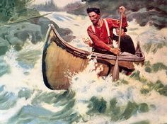 a painting of a man in a canoe