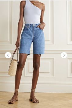 Denim Bermuda Shorts Outfit, Bermuda Shorts Outfit, Emme Parsons, Denim Jackets For Women, Loewe Tote, Beauty Tech, Tropical Holiday, Designer Denim, Frayed Denim