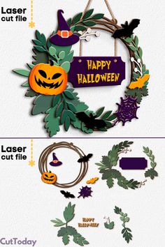 the halloween wreath cutout is shown with instructions to make it look like they are hanging from