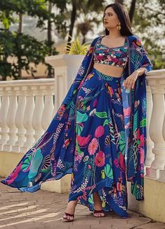 Beach Blue Dhoti Set and Kurta Juhi Bengani - Fabilicious Fashion Traditional One Piece Dress Indian, Dhoti Style Skirt, Dhoti Lehenga, Blue Indo Western Dress, Dhoti Skirt, Skirt Cape, Indo Western Dresses For Women, Pool Party Dresses, Hand Embroidered Blouse