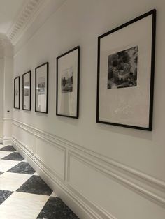 Gallery picture wall ideas T Shaped Hallway, Photos Down Hallway, Long Hallway House, Long Hallway Photo Gallery, 2nd Floor Hallway Ideas, Long Hallway Wall Decor, Long Hallway Gallery Wall, Square Hallway Ideas, Black And White Corridor Design