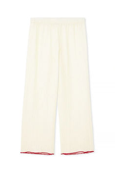 Crinkled Contrast Binding Pants Trendy Cream Bottoms With Elastic Waistband, White Pleated Pants For Spring, Spring White Pleated Pants, White Pleated Summer Pants, Summer White Pleated Pants, White Pleated Wide Leg Pants, Binding, Contrasting Colors, Off White