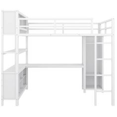 a white loft bed with shelves underneath it