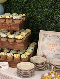 a table topped with cupcakes and plates