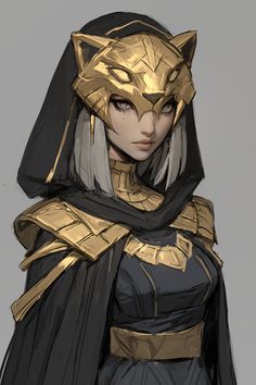 a woman dressed in gold and black with a cat mask on her head, standing next to a gray background