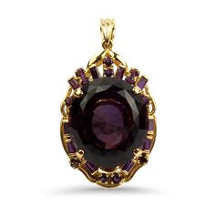 Discover the captivating beauty of our 14K Yellow Gold Amethyst Cluster Pendant, a true masterpiece of jewelry design. At its heart lies a majestic oval-shaped amethyst weighing an impressive 57.1 carats, measuring 25.1x22.3x18.26mm. This magnificent gemstone is securely set in a four-prong setting, showcasing its rich purple hue and impressive size. Surrounding the central amethyst are 13 round amethysts and 10 baguette-cut amethysts, arranged in an open-worked pendant mounting. These additiona Pendant Bails, Rich Purple, Cluster Pendant, Amethyst Cluster, Purple Hues, Baguette Cut, Complementary Colors, 1 Carat, Prong Setting