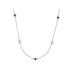 Alternating lab-created blue sapphire and lab-created white sapphire gemstones make this stylish station necklace a captivating complement to your look. Alternating lab-created blue sapphire and lab-created white sapphire gemstones make this stylish station necklace a captivating complement to your look. Chain length: 18 in. + 2-in. extender Chain type: cable Clasp: lobster claw Metal: sterling silver Plating: rhodium Finish: polished Packaging: boxedSTONE DETAILS Stone type: lab-created sapphire, lab-created white sapphire Total weight: 1 1/4 ct. Center stone weight: 3/4 ct. Center stone size: 3.5 mm Shape: round Setting: prong Gemstones may have been treated to enhance their appearance. Special care may be required. Please visit our Gemstone Treatment & Special Care Guide for more inform Station Necklace, Sapphire Gemstone, White Sapphire, Lobster Claw, Chain Lengths, Chain Length, Blue Sapphire, Sapphire, Gemstones